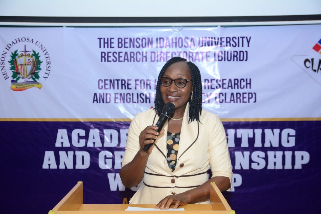 DIRECTOR OF RESEARCH AND INTERNATIONAL RPOGRAMMES, PROF. ALAEXANDRA ESIMAJE GIVING THE OPENING REMAR